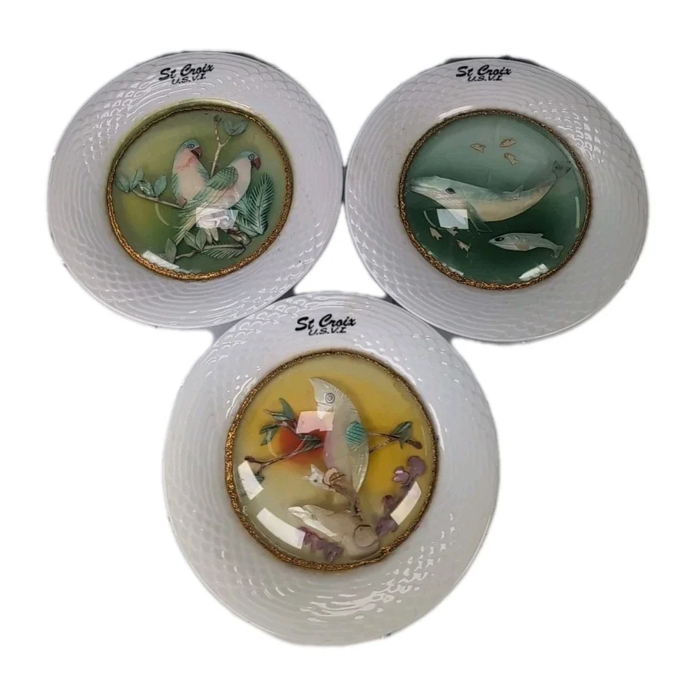 Vintage St. Croix Set Of 3 Plates Souvenir 3D Bubble Glass Mother Of Pearl Birds
